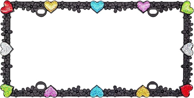 Creathome 3D Shining Daisy Heart License Plate Frame from Pure Zinc Alloy Metal Perfect Plate Holder, Matt Black with Colorful Glitter, Luminously Heart