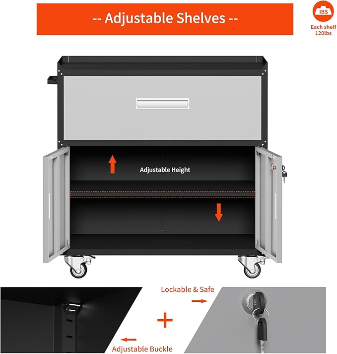 Garage Metal Storage Cabinet for Garage with Adjustable Shelves Wheels, Rolling Tool Chest, Assembly Required, Warehouse, Basement, Tool Room (Gray), Grey