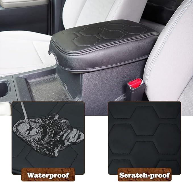 Muslogy for Frontier Center Console Pad Armrest Box Cover Vegan Leather Soft Accessories Armrest Lid Protector Compatible with Nissan Frontier 2022-2024 2025 (Regular Thick, V1 Black Stitching)