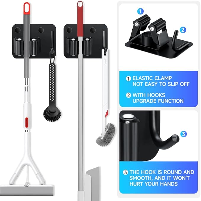 4-Pack Broom Holder with Heavy Duty Hooks, Upgraded Stainless Steel Mop Hanger. Wall Mount Utility Tool Rack for Kitchen Garden Laundry Garage. Matte Black.
