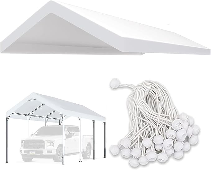 Carport Replacement Canopy Cover for 12 x 20 feet Car Tent Top Garage Shelter Cover Tarp with Ball Bungees (Only Top Cover, Frame Not Include (12 x 20', White)
