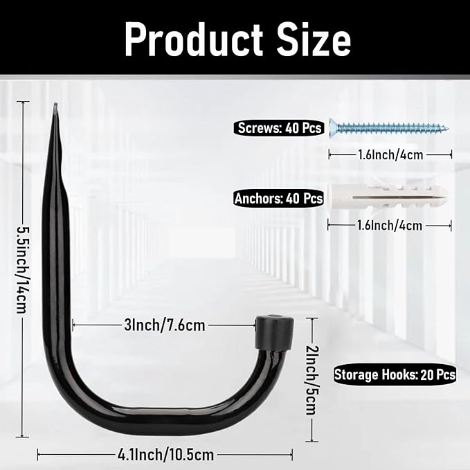 20 Pcs Heavy Duty Garage Storage Utility Hooks, 4.1Inch J Hangers Wall Hooks for Hanging Bikes, Ladders, Cord, Hose, Garden Tools