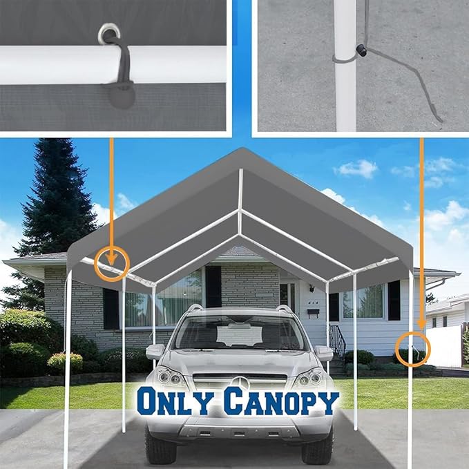 10' x 20' Upgraded Carport Replacement Canopy Cover Grey for Car Garage Shelter Party Tent Top Tarp with Ball Bungees (Only Top Cover, Frame is not Included)
