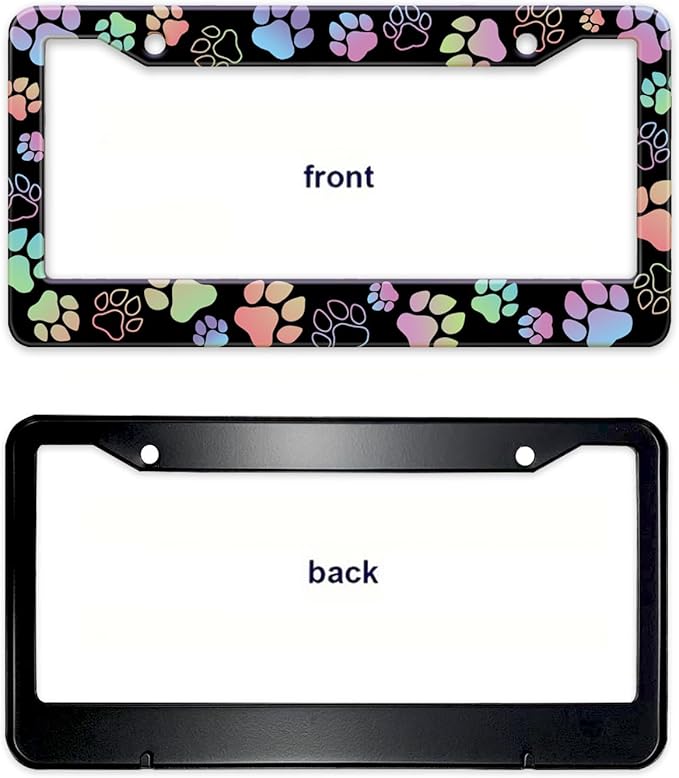 Dog Paw Car License Plate Frames, Colorful Pet Paw Printed License Plate Holder Cover, Metal Aluminum Rustproof Car Accessories for US Canada Standard Women Men 2 Holes with Screw Caps