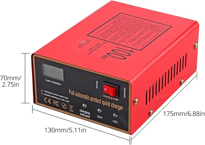 12/24V Battery Charger 10A/7.5A Smart Adjustable Car Battery Charger with Upgraded Cable Clamps, Smart Trickle Charger,Battery Maintainer for Car RV (red)