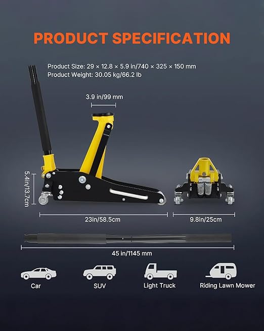 VEVOR Low Profile Floor Jack 1.5 Ton (3300 LBS), Aluminum and Steel Race Ground Elevator with Dual Pistons Quick Lift Pump Auto Repair Car Maintenance, Lifting Range 3-3/20"-14-10/27"