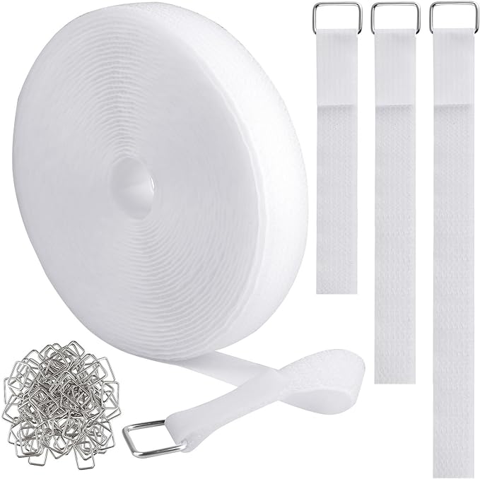 1"x16ft Hook and Loop Straps with 25 Metal Buckles, Adjustable Fastening Cable Straps, Cut-to-Length Cinch Strap, Reusable Nylon Securing Cord Ties for Organizer or Storage, 1 inch Wide, White