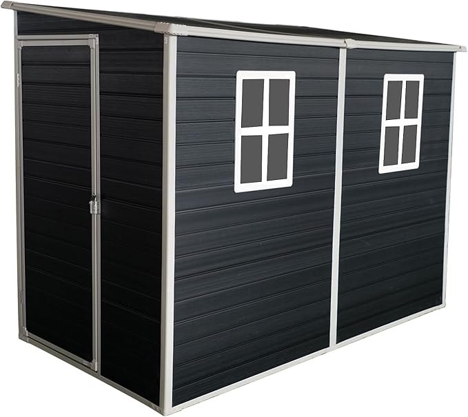 4x8 FT Outdoor Storage Resin Shed with Floor,Waterproof Plastic Garden Bike Shed with Lockable Door, Sloped Roof, Vents & Windows, Easy Assembly Tool Shed for Lawn, Backyard, Patio, Black
