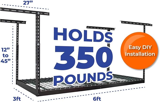 MonsterRax Overhead Garage Storage Rack - Heavy Duty Storage with 400 lb Capacity, Easy Adjustable Ceiling Mount Shelves (3x6 Hammertone, 12"-45")