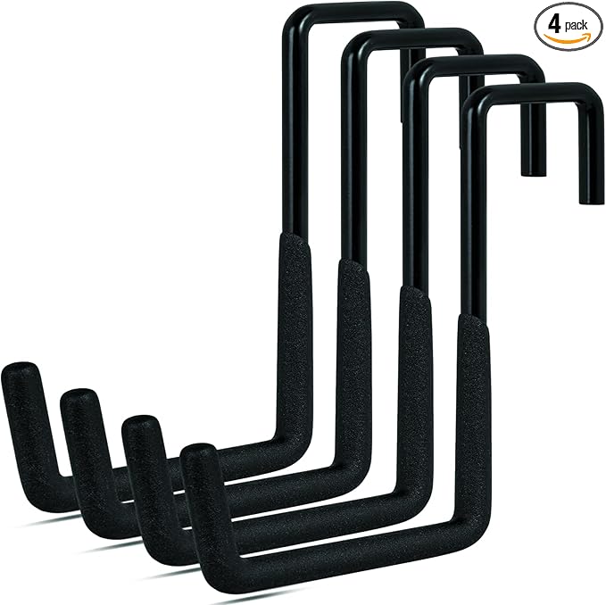 4 Pcs Rafter Hooks, Upgraded Fence Hangers, Heavy Duty Bike Hanger for Garage, Ladder Hook, Black Large S Hooks for Hanging Hose, Plants, Chairs, Bikes, Ladders, Cords and More