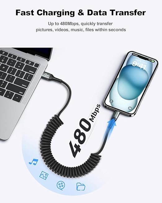 USB C Cable Coiled 6FT 2Pack, Braided USB A to Type C Charger Cable for Car 66W Fast Charging Cord Compatible with iPhone 16 15, iPad, Samsung Galaxy, Google Pixel, Moto, TCL, LG Phones