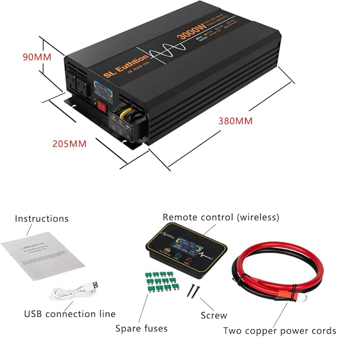 3000W/6000W(Peak) Pure Sine Wave Car Power Inverter 12V DC to 120V AC 60HZ with LCD Display, USB Port, Wireless Remote Control（10M) for Car Home Laptop Truck