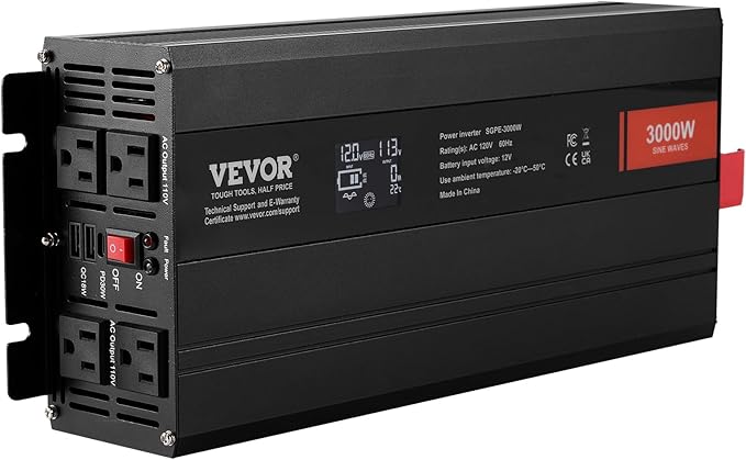 VEVOR Pure Sine Wave Inverter, 3000 Watt, DC 12V to AC 120V Power Inverter with 2 AC Outlets 2 USB Port 1 Type-C Port, LCD Display and Remote Controller for Large Home Appliances, CE FCC Certified