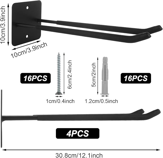 SHUESS 12.2 Inches Long Large Garage Hooks, 4 Pack Heavy Duty Garage Storage Utility Hooks, Wall Mount Organizer, Long Tool Hanger for Hanging Tire, Chairs, Hoses, Garden Tool, Bulk Items, Ropes, etc