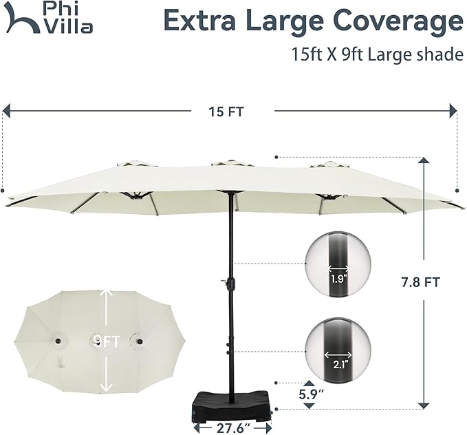 PHI VILLA 15ft Large Patio Umbrellas with Base Included, Outdoor Double-Sided Rectangle Market Umbrella with Stand, Outside Umbrellas for Poolside Lawn Backyard, Ivory