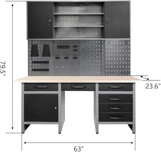 JZD Metal Storage Organization System, Wall Mount Tool Cabinet, Wood Tabletop, for Garage Workshop Utility Room