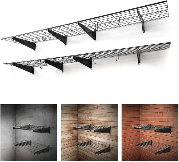 Fencer Wire 96 in. W x 18 in. D Wall Mounted Garage Wall Shelving w/ 4 Hooks, Black Wall Shelf, Heavy Duty Garage Wall Storage System, Garage Organizer Floating Shelves, 1000lb Weight Capacity