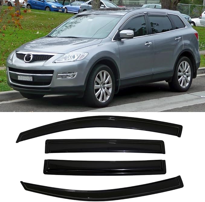 94143 Side Window Visor Wind Vent Deflector fit for 2007-2015 Mazda CX9,4pcs Dark Smoke Nice Looking Outside Mount Style Tape On Sun Rain Guards Set