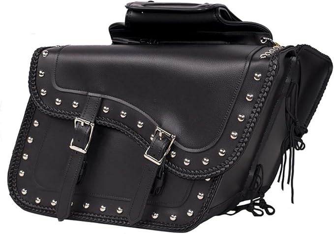 GARGOYLE BELLS Motorcycle Saddle Bags Synthetic Leather Motorcycle Luggage Bag Waterproof Throw Over Saddlebags For Softails Sportsters Choppers Dyna V-star Shadow (With Studs, Black, 16"x13"x11.5")