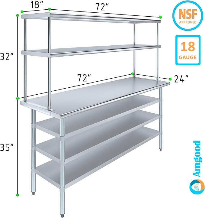 Amgood 24" x 72" Stainless Steel Work Table with 3 Shelves and 18" Wide Double Tier Overshelf | Metal Kitchen Prep Table & Shelving Combo | NSF