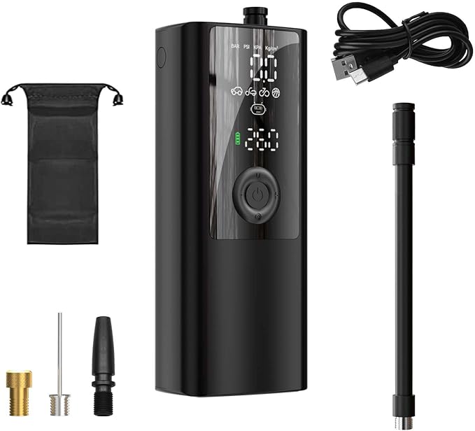 Electric Air Pump - for Bikes, Balls, Motorcycles, Cars & More - with Digital Pressure Gauge, LED Light, Auto Shut-Off - Hi-Reliable Compact Cordless Inflator