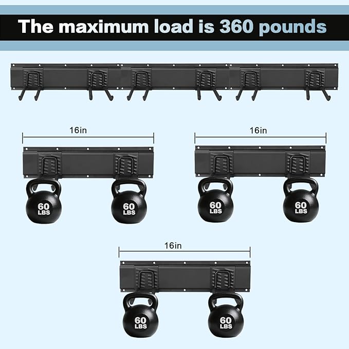 Garage Tool Organizer Wall Mount 48in- 6 Heavy Duty Hooks,360lbs Capacity, Garage Organization & Storage Rack for Broom, Rake & Snow Equipment - Tool Organizer & Men’s Gift Choice