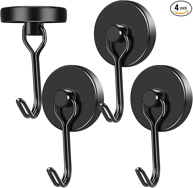 MIKEDE Black Strong Magnetic Hooks, 70LB+ Swivel Swing Magnetic Hooks Heavy Duty, Cruise Hooks Neodymium Magnets with Hooks for Hanging, Home, Metal Door, Office and Garage - Pack of 4