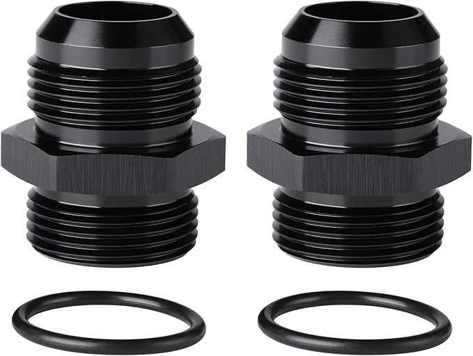 16AN Male Flare to 16AN ORB O-ring Boss Fuel Pump Rail Adapter Fitting Aluminum Black, Pack of 2