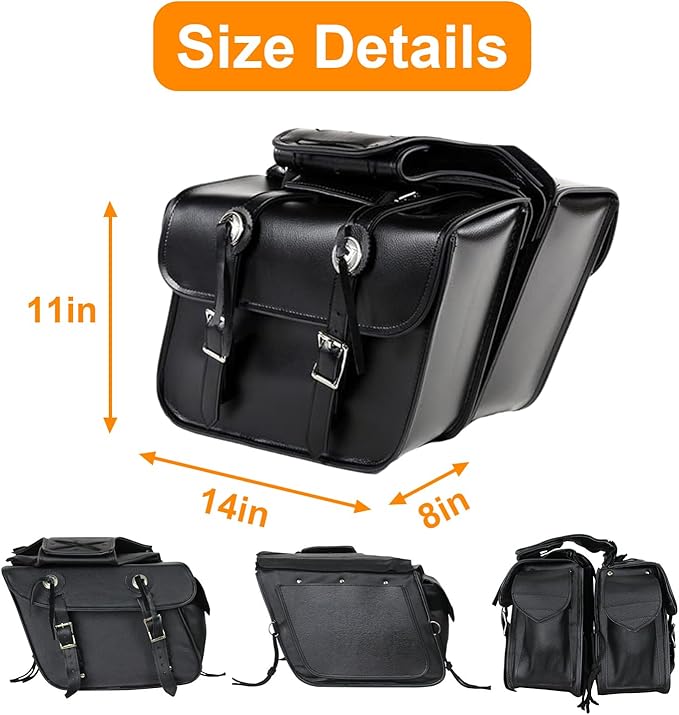 GARGOYLE BELLS Motorcycle Saddle Bags Leather Motorcycle Luggage Bag with Gun Holsters For Softails Sportsters and Choppers Tool Bags (Black Leather, 14" x 8" x 11")