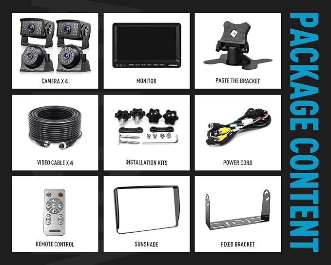 Fookoo HD 1080P 7" Wired Backup Camera System, 7-inch Quad Split Screen Monitor W/Recording, IP69 Waterproof Side View Rear View Cameras, Parking Lines for Truck/Trailer/RV/Tractor/ 5th Wheel (DY704)
