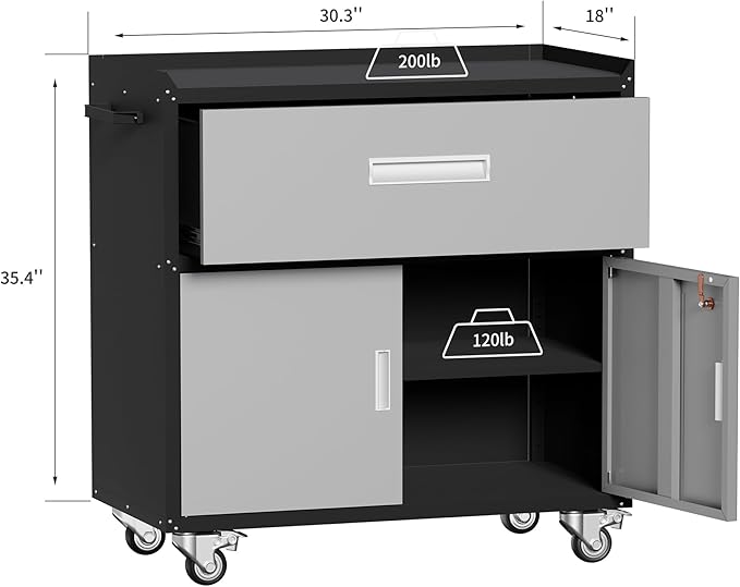 Garage Metal Storage Cabinet for Garage with Adjustable Shelves Wheels, Rolling Tool Chest, Assembly Required, Warehouse, Basement, Tool Room (Gray), Grey