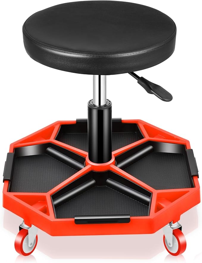 Auto Dynasty Mechanic Stool, Adjustable Rolling Pneumatic Creeper Garage Shop Seat with Tool Tray, 300 LBS Roller Seat for Workshop Auto Repair, Adjustable Height 15.7" to 21", Black/Red
