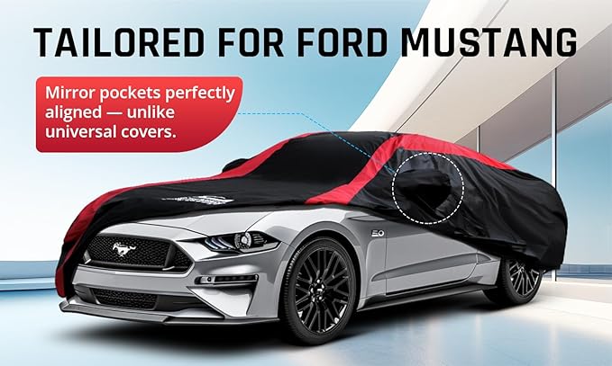 Mustang Car Cover Waterproof All Weather with Red Strip Design, Custom Fit for Ford Mustang 1994–2025, Mustang Accessory with Door Zipper & Windproof Straps