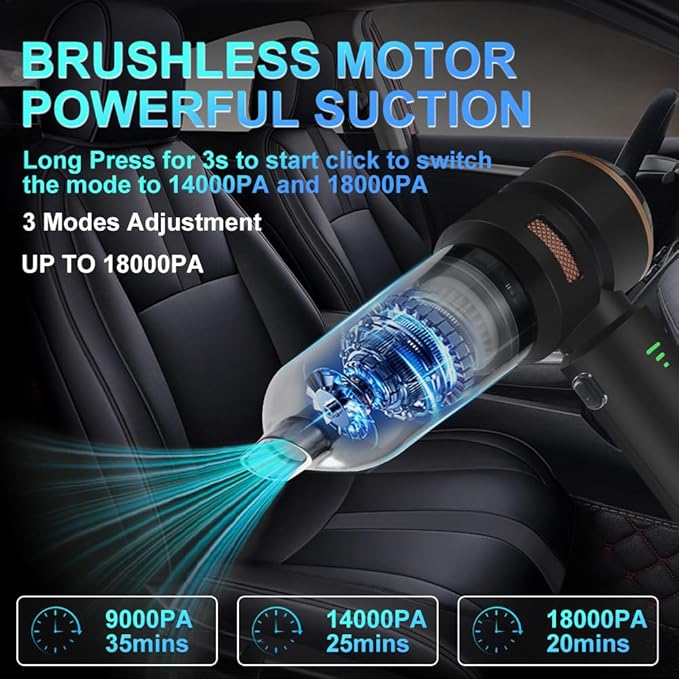 Handheld Car Vacuum 18000PA, 4-in-1 Mini Vacuum Cleaner Portable Cordless, Air Blower, High Power Air Duster with Brushless Motor, Suitable for Car, Home, Pet, Office, Camping (Golden)