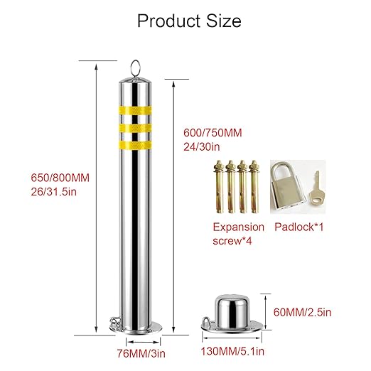 Safety Bollard, Steel Bollards, Removable Bollard, Driveways Stainless Steel Security Posts with 4 Anchor Bolts, for Parking Barrier, Road Safety(Size:600mm/24in)