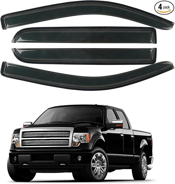 Rain Guards Window Visors Fit for 2009-2014 Ford F150 SuperCrew Cab Truck, Outside Mount Sun Shade Window Vent Deflectors,Smoke Tinted Side Window Vent Visors 2010 2011 2012 2013