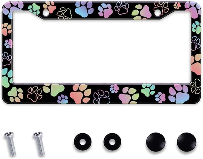 Dog Paw Car License Plate Frames, Colorful Pet Paw Printed License Plate Holder Cover, Metal Aluminum Rustproof Car Accessories for US Canada Standard Women Men 2 Holes with Screw Caps