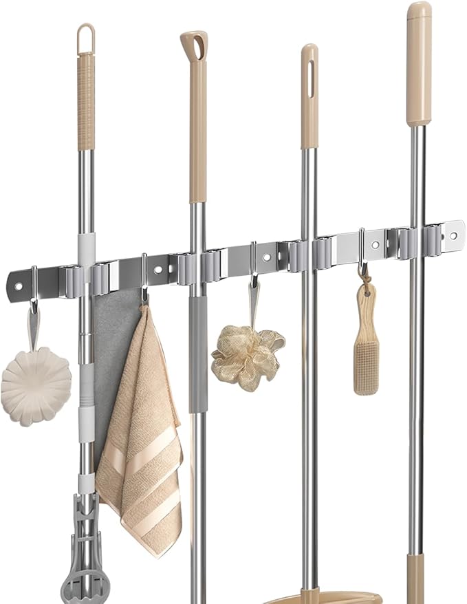 Broom Holder Wall Mount Organizer: Mop and Broom Holder Wall Mount Garage Wall Organizer, Stainless Steel Heavy Duty Garden Tool Organizer Storage Rack for Home Kitchen Garden Laundry, 4 Racks 4 Hooks