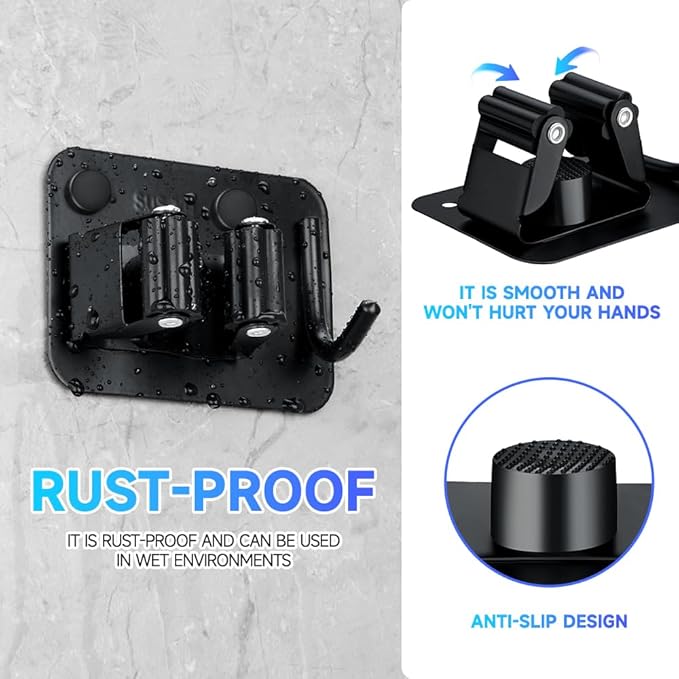 4-Pack Broom Holder with Heavy Duty Hooks, Upgraded Stainless Steel Mop Hanger. Wall Mount Utility Tool Rack for Kitchen Garden Laundry Garage. Matte Black.