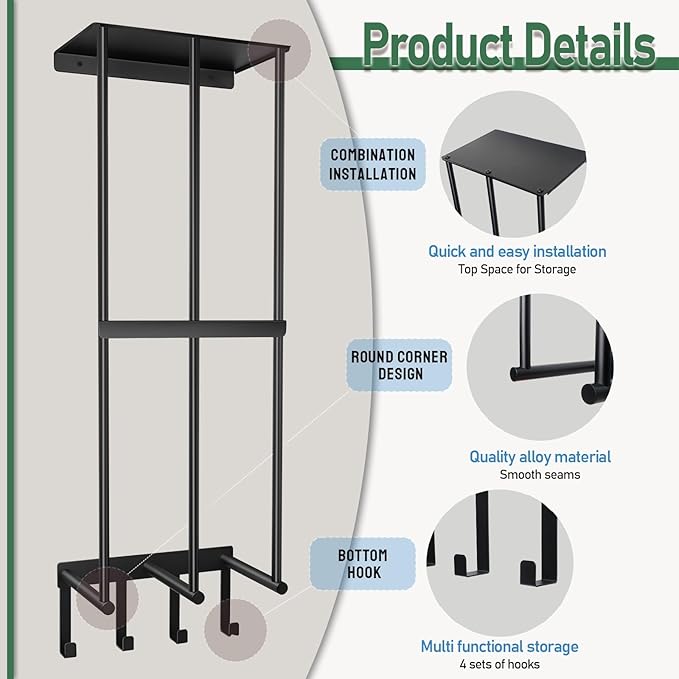 Camping Chair Wall Storage for Garage - Metal Beach Lawn Chair Rack, Garage Storage and Organization Shelves, Wall Mounted Umbrella Storage Rack Holder with Floating Shelf and 4 Hooks Black