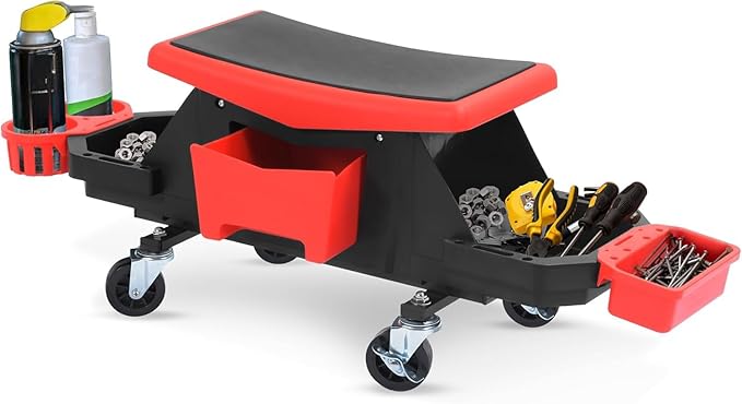 YITAHOME Detailing Stool with Wheels, Mechanics Seat With 2 Removable Trays and Drawer, Heavy Duty Rolling Garage Stool 330 LBS Capacity, Rolling Tool Seat for Automotive Auto Repair Car Wash Upgraded