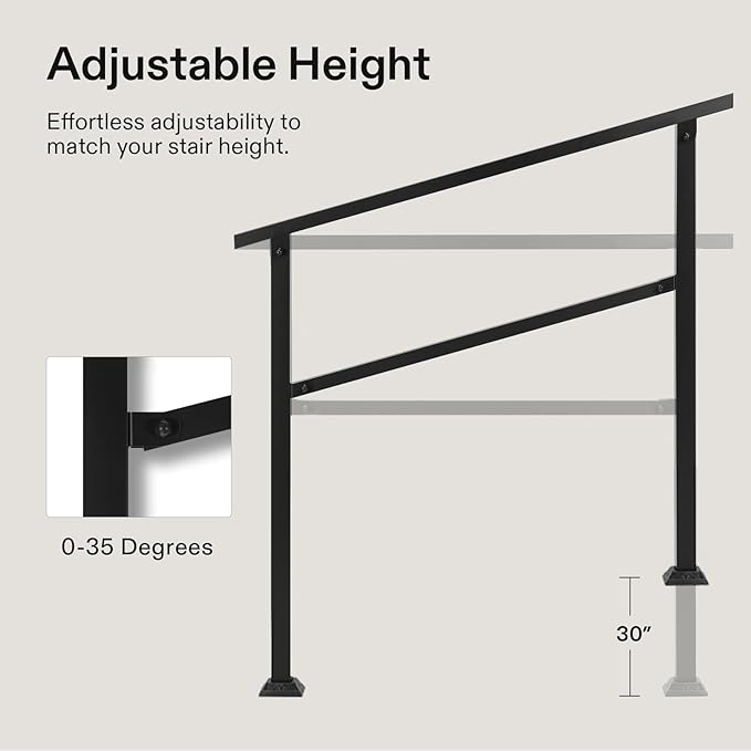VIVOSUN 2-Pack Outdoor Handrail, 4 Step Stair Handrail, 54" x 36" Fits 1 to 4 Steps, Wrought Mattle Iron Handrail for Concrete Steps, Porch Steps, One-Step Assembly, 2 Packs, Black