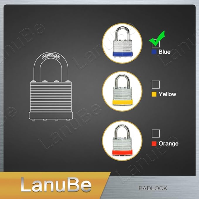 LanuBe Lock Laminated keyed Padlock (1-9/16", 40mm), keyed Alike Locks, Normal Shackle,Marked Blue Plastic Hoop, Pack of 100