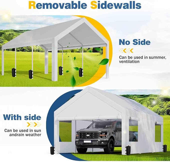 JAMFLY 12x20 ft Heavy Duty Carport with Roll-up Windows & Removable Sidewalls & Doors – Portable Garage Canopy with All-Season Tarp, Sandbags for Car, Truck, Boat, Motorcycle, White