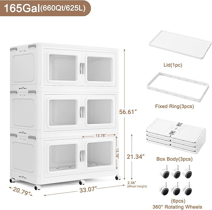 660 Qt Stackable Storage Bin with Lid, 165Gal Extra Large Collapsible Storage Boxes, Folding Plastic Drawer, Heavy-Duty Store Cabinet, Closet Organizer for Home Kitchen, 3 Pack White