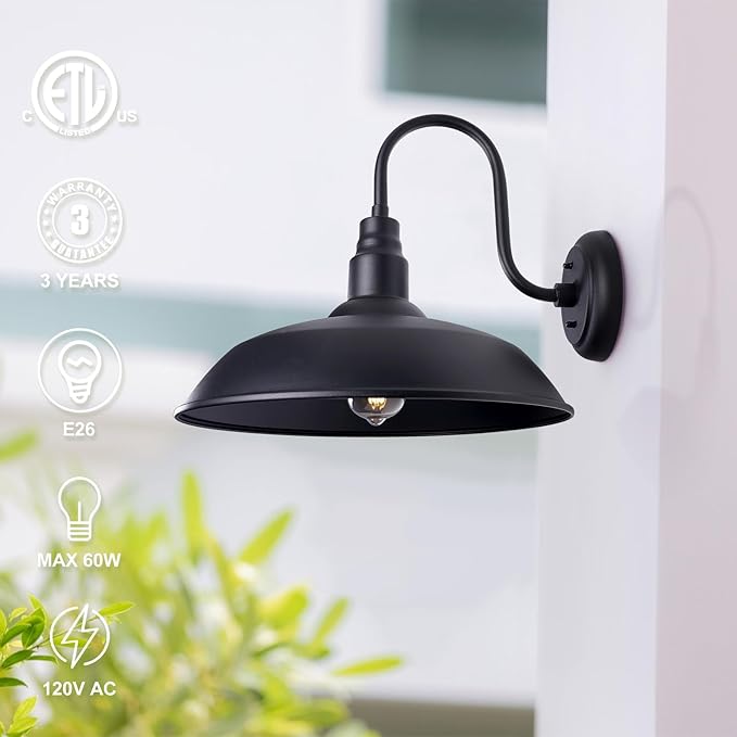 16 Inch Dome Barn Light for Porch, Large Gooseneck Outdoor Light Fixture for Farmhouse, Barn Style Exterior Patio Wall Lights for Garage, Black Outside Wall Sconce for Front Door, House