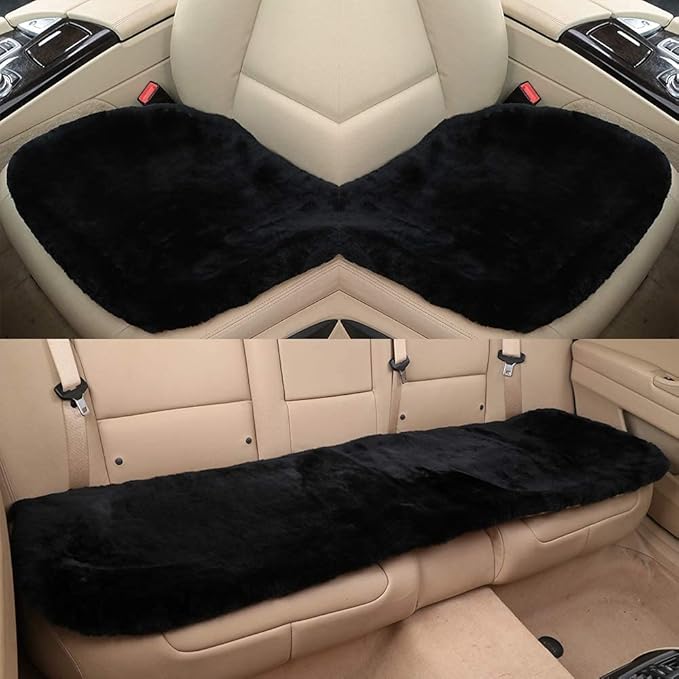 20 inchs Fluffy Genuine Australia Sheepskin Car Seat Cover for Auto Interior Accessories with Soft Fuzzy Wool Natural Fur Non-Slip (Black, Front)