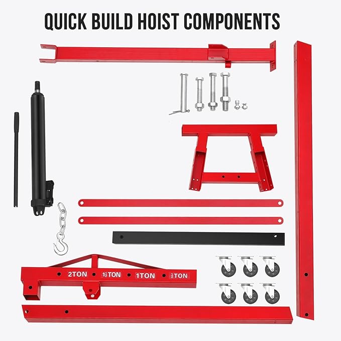 2 Ton Engine Hoist, Hydraulic Cherry Picker Engine Hoist Lift, 4400LBS Heavy Duty Crane Lifter with 6 Casters and Telescopic Boom, Foldable & Portable Design, for Garage, Workshop, Warehouse (Red)