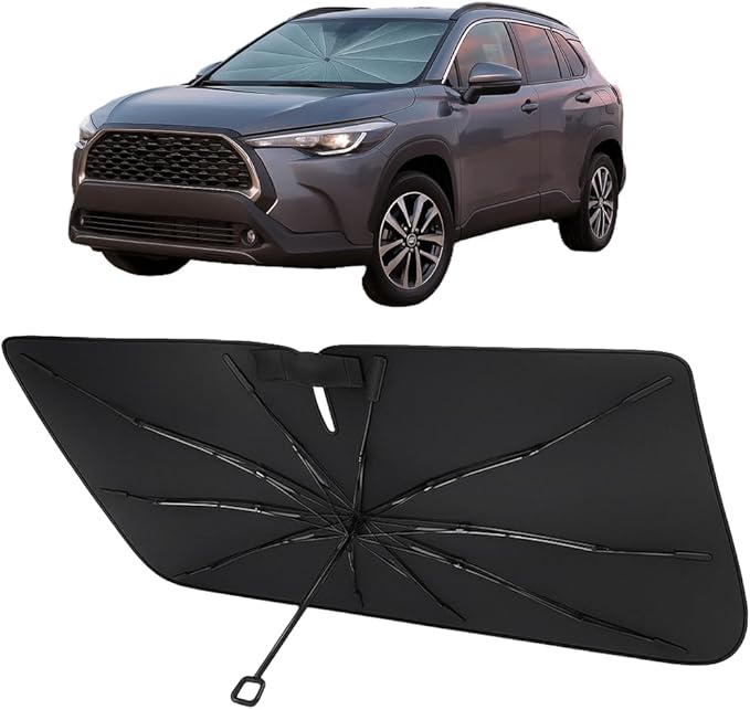 Proadsy Windshield Sun Shade Umbrella for Toyota Corolla Cross 2022-2025 2026 Foldable Car Umbrella Sunshade with Soft TPU Handle Spring Structure Crystal Cooling Material Protect Car from Rays & Heat