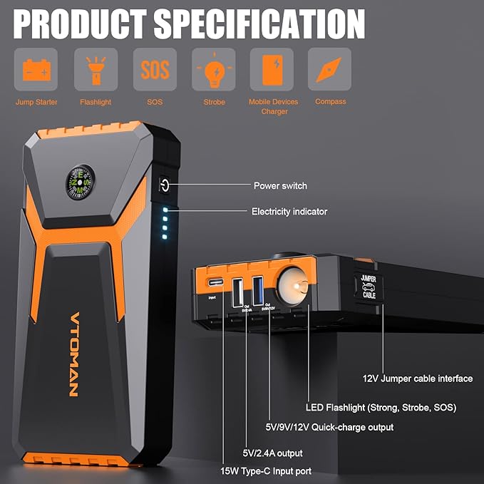 VTOMAN V6 Pro Jump Starter, 2000A Car Battery Jumper Starter Portable for 7L Gas/5L Diesel Engines, Jump Box,12V Auto Jump Start Battery Pack, Lithium Booster Pack, Portable Charger and Jumper Cables